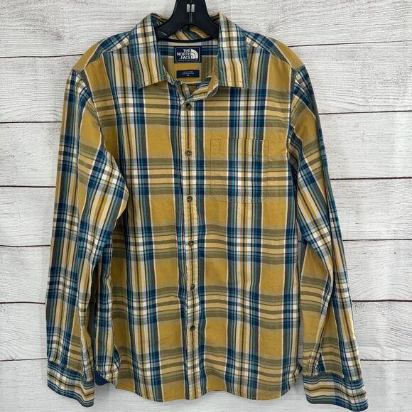 The North Face Plaid Button Down Casual Shirt Yellow Blue‎ Cotton Long Sleeve M - Picture 1 of 9